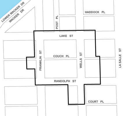 Randolph/Wells TIF district map, roughly bounded on the north by Lake Street, Court Place on the south, LaSalle Street on the east, and Franklin Street on the west.